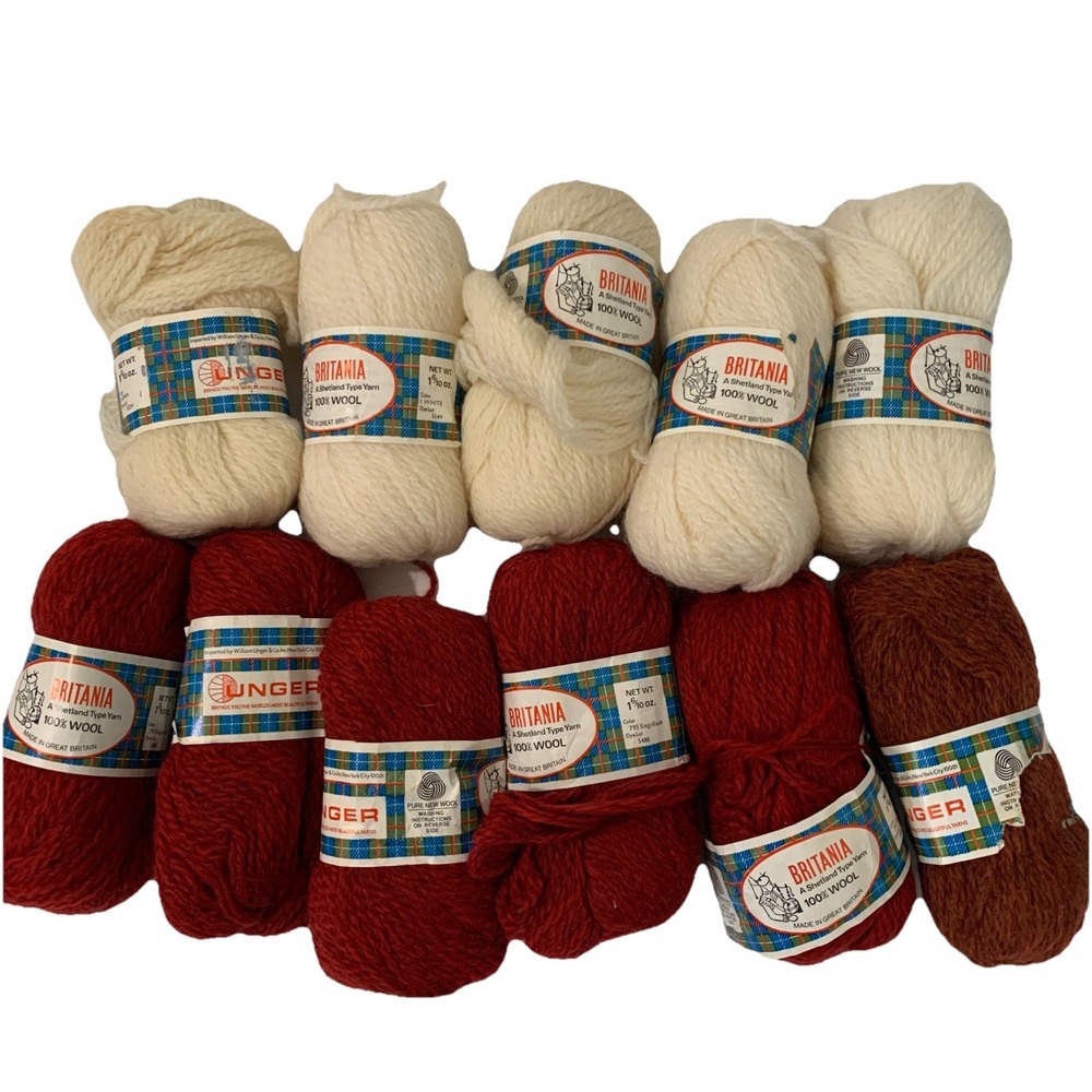 Vtg Britania 100% Pure Shetland Wool Yarn 11 New Skeins White Siegellack Red